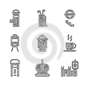 Set Big Ben tower, British crown, Cup of tea with tea bag, London phone booth, Tram and railway, underground and mail