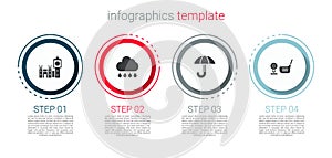 Set Big Ben tower, Cloud with rain, Umbrella and Golf club ball on tee. Business infographic template. Vector