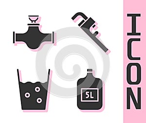 Set Big bottle with clean water, Industry pipe and valve, Glass with water and Pipe adjustable wrench icon. Vector