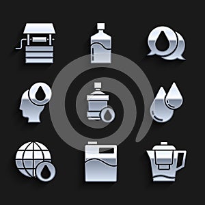 Set Big bottle with clean water, Water jug filter, drop, Earth planet in, and Well bucket icon. Vector