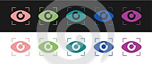 Set Big brother electronic eye icon isolated on black and white background. Global surveillance technology, computer