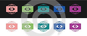 Set Big brother electronic eye icon isolated on black and white background. Global surveillance technology, computer