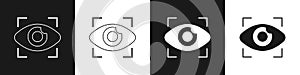 Set Big brother electronic eye icon isolated on black and white background. Global surveillance technology, computer