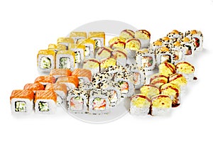 Set for big company with various Japanese sushi rolls
