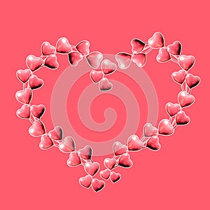 Set of big heart made of pink hearts isolated on pink background and copy space. Flat lay