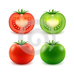 Set of Big Ripe Red Green Fresh Cut Whole Tomatoes