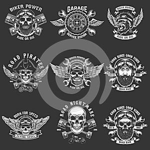 Set of biker club emblem templates. Vintage motorcycle labels. Design element for logo, label, emblem, sign.