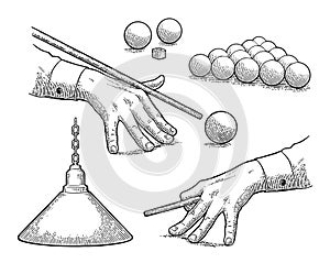 Set billiard. Balls, chalk, lamp, hand aimed cue.