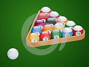 Set of billiard balls. Complete Billiard Balls. Pool billiard balls in a wooden rack. Commonly used starting position