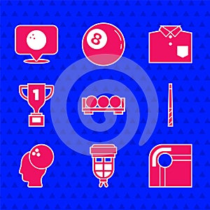 Set Billiard balls on a stand, pocket, table, cue, Bowling, Award cup, shirt and Location with bowling icon. Vector