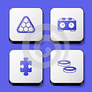 Set Billiard balls in triangle, Time chess clock, Puzzle pieces toy and Checker game chips icon. White square button