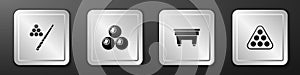 Set Billiard cue and ball, , table and balls in rack triangle icon. Silver square button. Vector