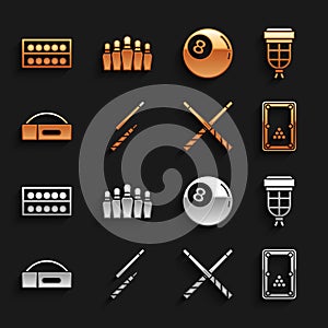 Set Billiard cue, pocket, table, Crossed billiard cues, Case for, ball, balls on stand and Bowling pin icon. Vector