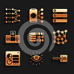 Set Binary code, Artificial intelligence AI, Neural network, Computer api interface, Server, Data and icon. Vector