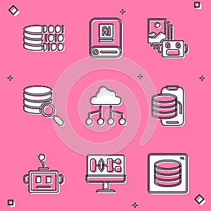Set Binary code, Artificial intelligence AI, robot, Server, Network cloud connection, Cloud technology data transfer
