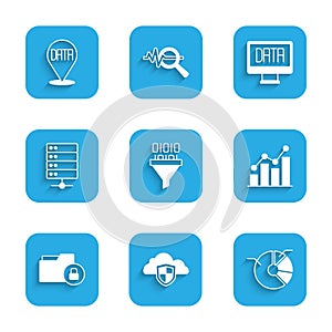 Set Binary code, Cloud and shield, Pie chart infographic, Folder lock, Server, Data analysis and icon. Vector