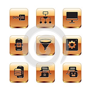 Set Binary code, Cloud technology data transfer, Chat bot, Funnel or filter, Artificial intelligence AI, Computer