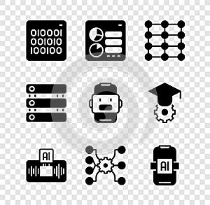 Set Binary code, Computer api interface, Neural network, Artificial intelligence AI, Server, Data and Chat bot icon