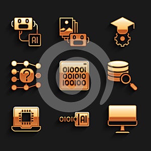 Set Binary code, Computer monitor, Server, Processor CPU, Neural network, Graduation cap and Artificial intelligence