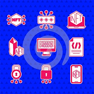 Set Binary code, Cyber security, Mobile with art store app, NFT Digital crypto, Laptop and icon. Vector