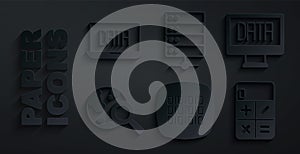 Set Binary code, Data analysis, Search globe, Calculator, Server and icon. Vector