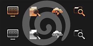 Set Binary code, Document with graph chart, Cloud and shield and Search folder icon. Vector