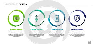 Set Binary code, Ethereum ETH, and NFT shield. Business infographic template. Vector