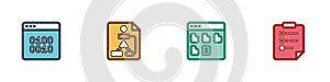 Set Binary code, Flowchart, Browser files and Clipboard with checklist icon. Vector