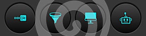 Set Binary code, Funnel or filter, Computer monitor and Artificial intelligence robot icon. Vector