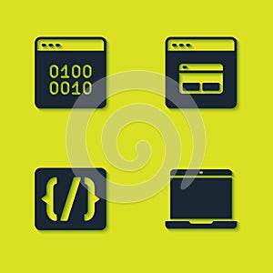 Set Binary code, Laptop, Programming language syntax and Search engine icon. Vector