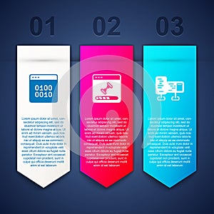 Set Binary code, Loading data window and Computer monitor screen. Business infographic template. Vector