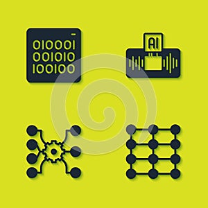 Set Binary code, Neural network, and Artificial intelligence AI icon. Vector