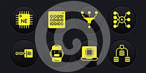 Set Binary code, Neural network, Chat bot, Processor CPU, Funnel filter, Server, Data and icon. Vector