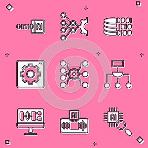 Set Binary code, Neural network, Computer api interface, Algorithm, and Artificial intelligence AI icon. Vector