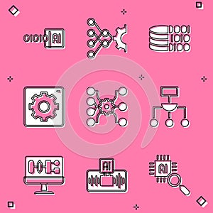 Set Binary code, Neural network, Computer api interface, Algorithm, and Artificial intelligence AI icon. Vector