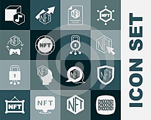 Set Binary code, NFT shield, Digital crypto art, contract, and Cyber security icon. Vector