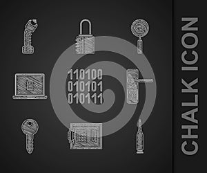 Set Binary code, Safe, Bullet, Door handle, Key, Laptop lock, Magnifying glass Search and Police electric shocker icon