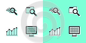 Set Binary code, Search data analysis, Pie chart infographic and with folder icon. Vector