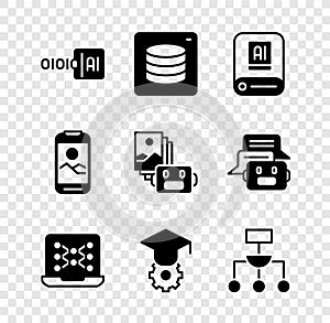 Set Binary code, Server, Data, Artificial intelligence AI, Neural network, Graduation cap, Algorithm, Mobile phone and