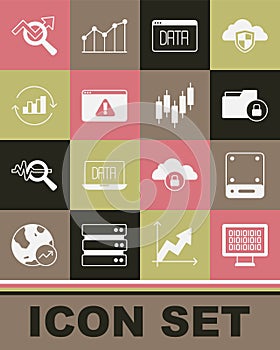 Set Binary code, Server, Folder and lock, Data analysis, Browser with exclamation mark, Pie chart infographic, Search