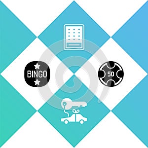 Set Bingo, Car gift, Lottery ticket and Casino chips icon. Vector