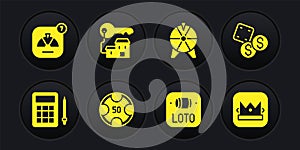 Set Bingo card, Game dice, Casino chips, Lottery ticket, Lucky wheel, Winning house with key, King playing and icon