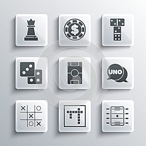 Set Bingo, Hockey table, Uno card game, Tic tac toe, Game dice, Chess and Domino icon. Vector