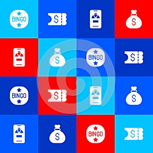 Set Bingo, Lottery ticket, Lucky wheel on phone and Money bag icon. Vector