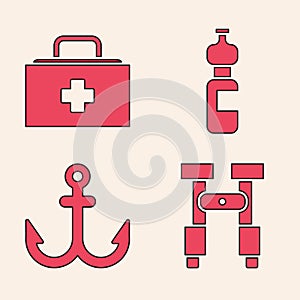 Set Binoculars, First aid kit, Bottle of water and Anchor icon. Vector
