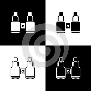 Set Binoculars icon isolated on black and white background. Find software sign. Spy equipment symbol. Vector