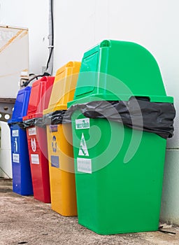 Set of bins for the selective collection of waste glass, paper, metal and plastic.