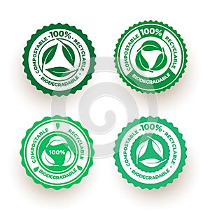 Set of biodegradable and compostable recyclable icon. 100 percent bio recyclable package green leaf logo design. Vector