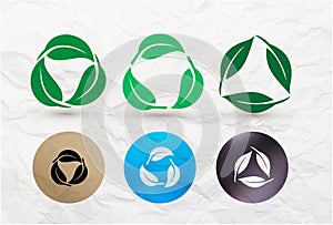 Set of biodegradable recyclable plastic free package icon. Bio recyclable degradable and recycle leaves label logo template.