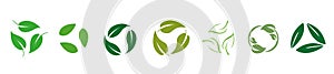 Set of biodegradable recyclable plastic free package icon, recycle leaves label logo template. Set of green leaf recycle